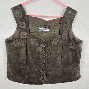 Vintage Alphorn Green Suede Vest Floral Embroidery Button Front Womens Size 46